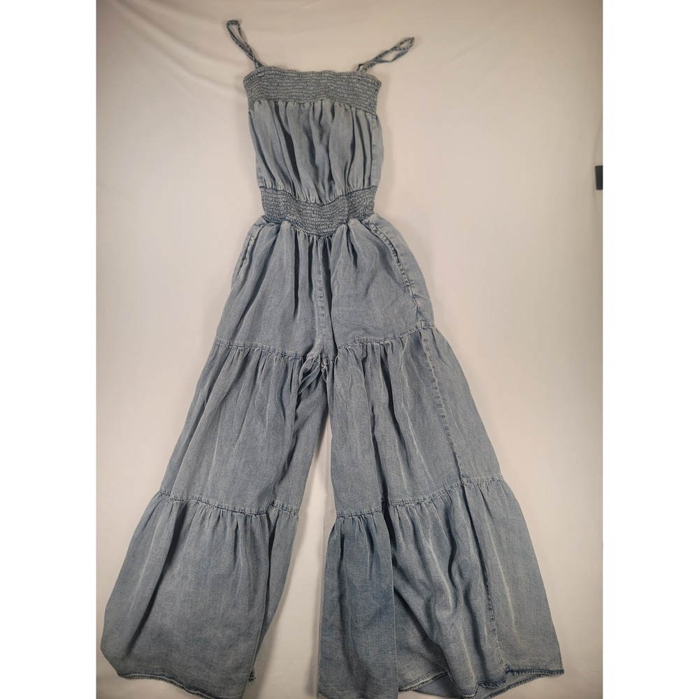 Oli & Hali Tencel Chambray Wide Leg Jumpsuit Romper Pockets Size L
